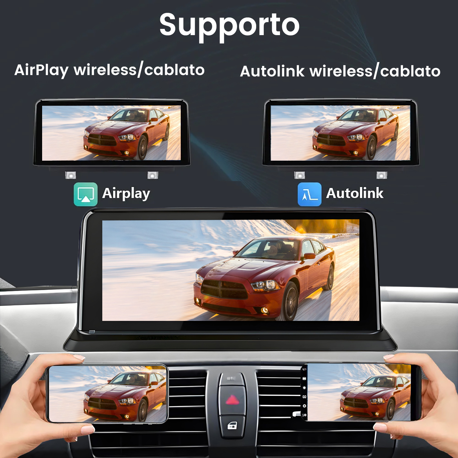 Schermo auto mostra auto sportiva rossa su strada innevata. Telefono rispecchia l'immagine.