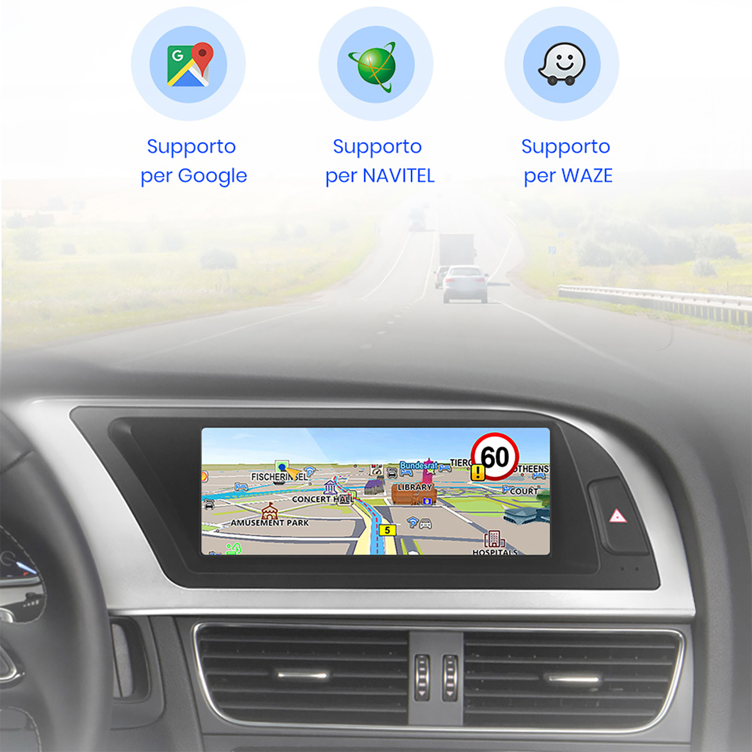 Sistema di navigazione per auto con icone Google, Navitel, Waze e mappa.