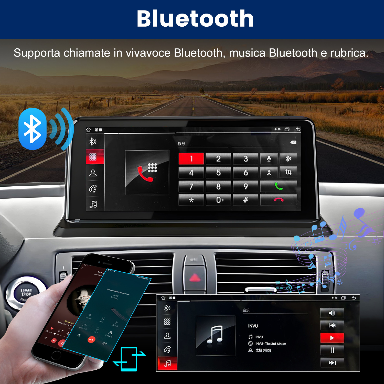 Sistema di infotainment per auto che mostra funzioni Bluetooth per telefono e musica.