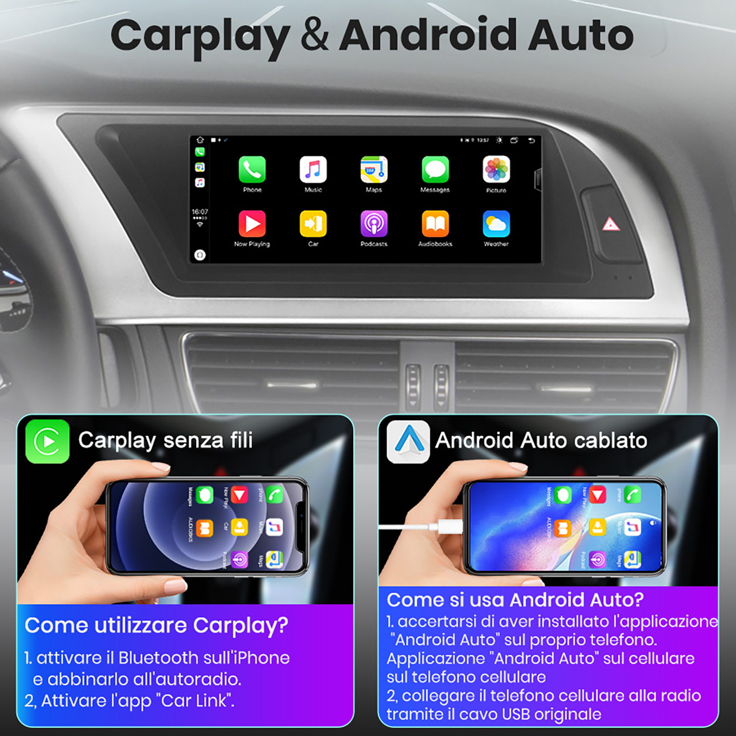 Schermo auto con app Carplay e Android Auto. iPhone collegato.