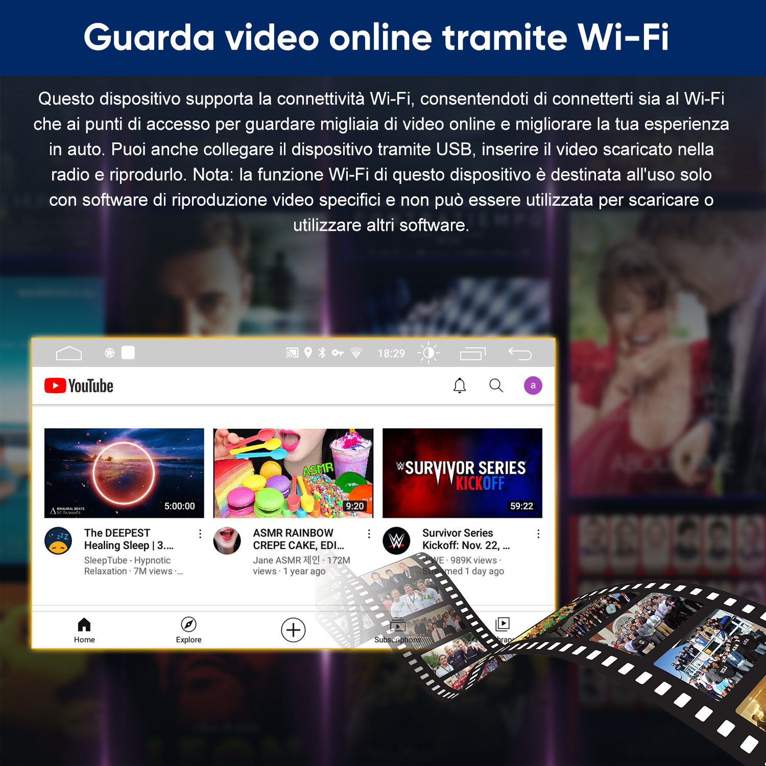 App YouTube su schermo con video su sonno, ASMR e wrestling.