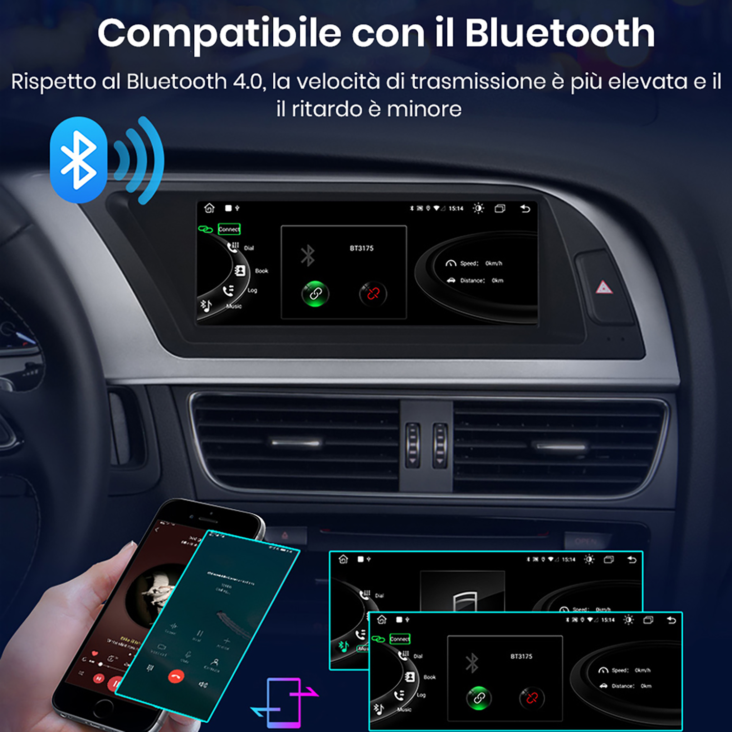 Uno smartphone si collega al sistema di infotainment dell'auto tramite Bluetooth.