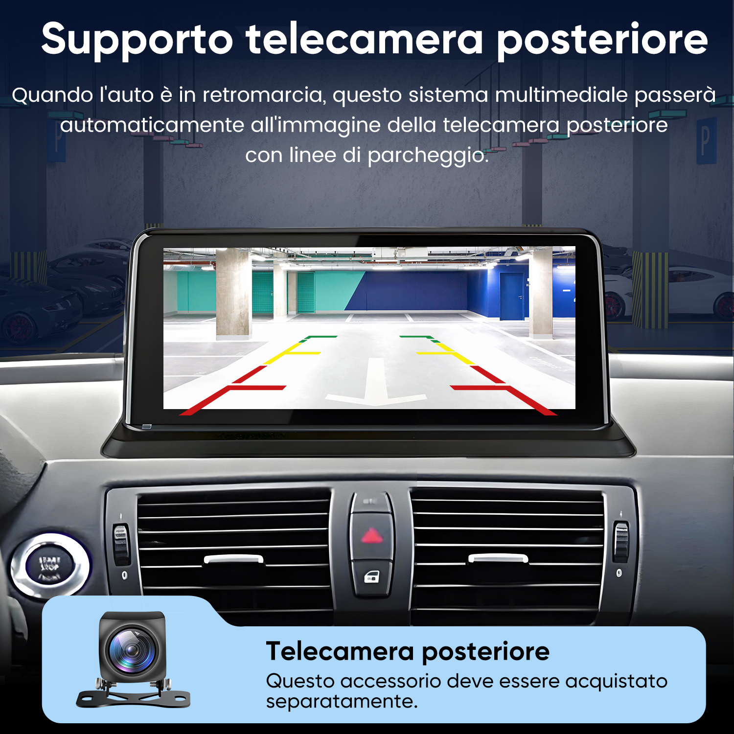 Supporto telecamera posteriore: Schermo mostra vista parcheggio con linee guida.