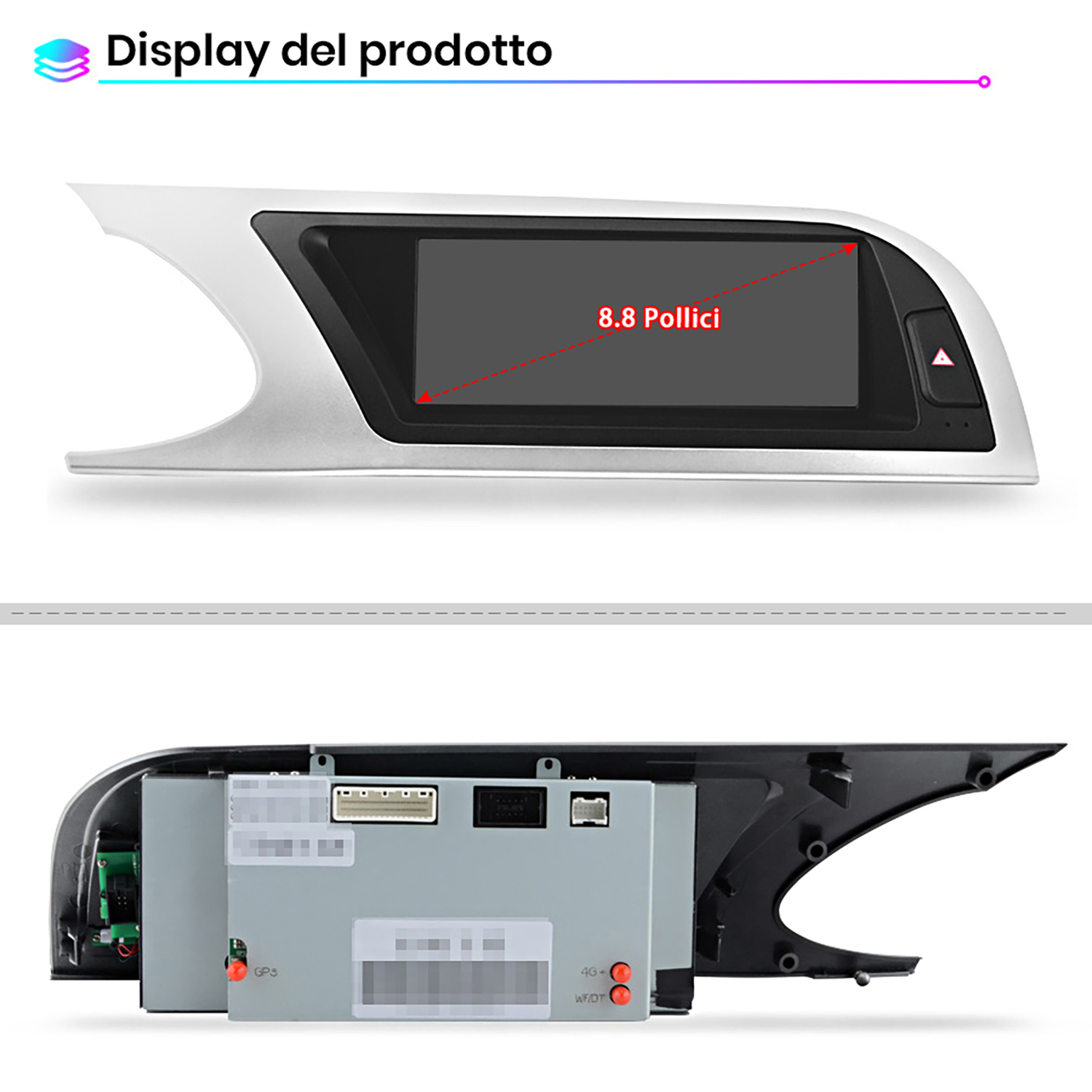 Un display da 8,8 pollici con cornice argentata e retro con porte.