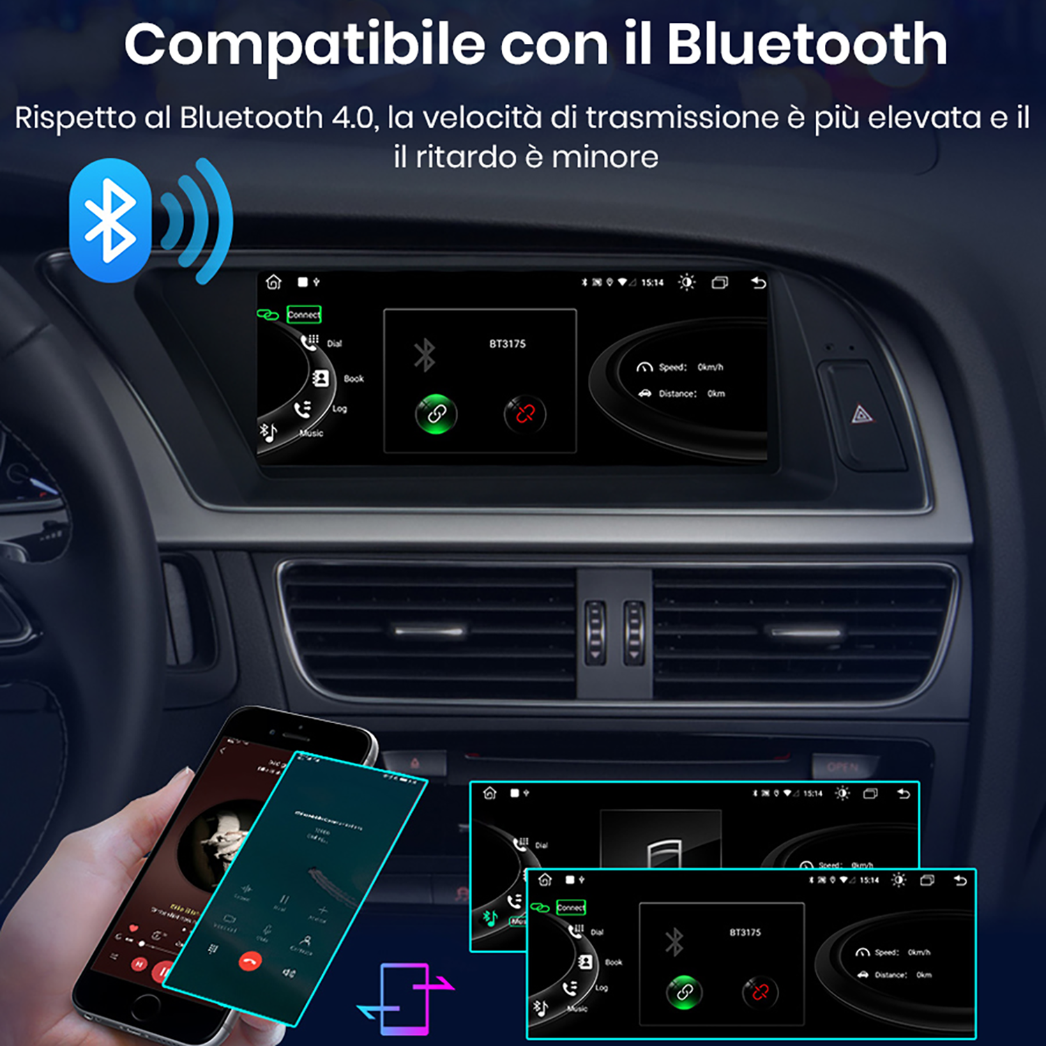 Uno smartphone si collega al sistema di infotainment dell'auto via Bluetooth.
