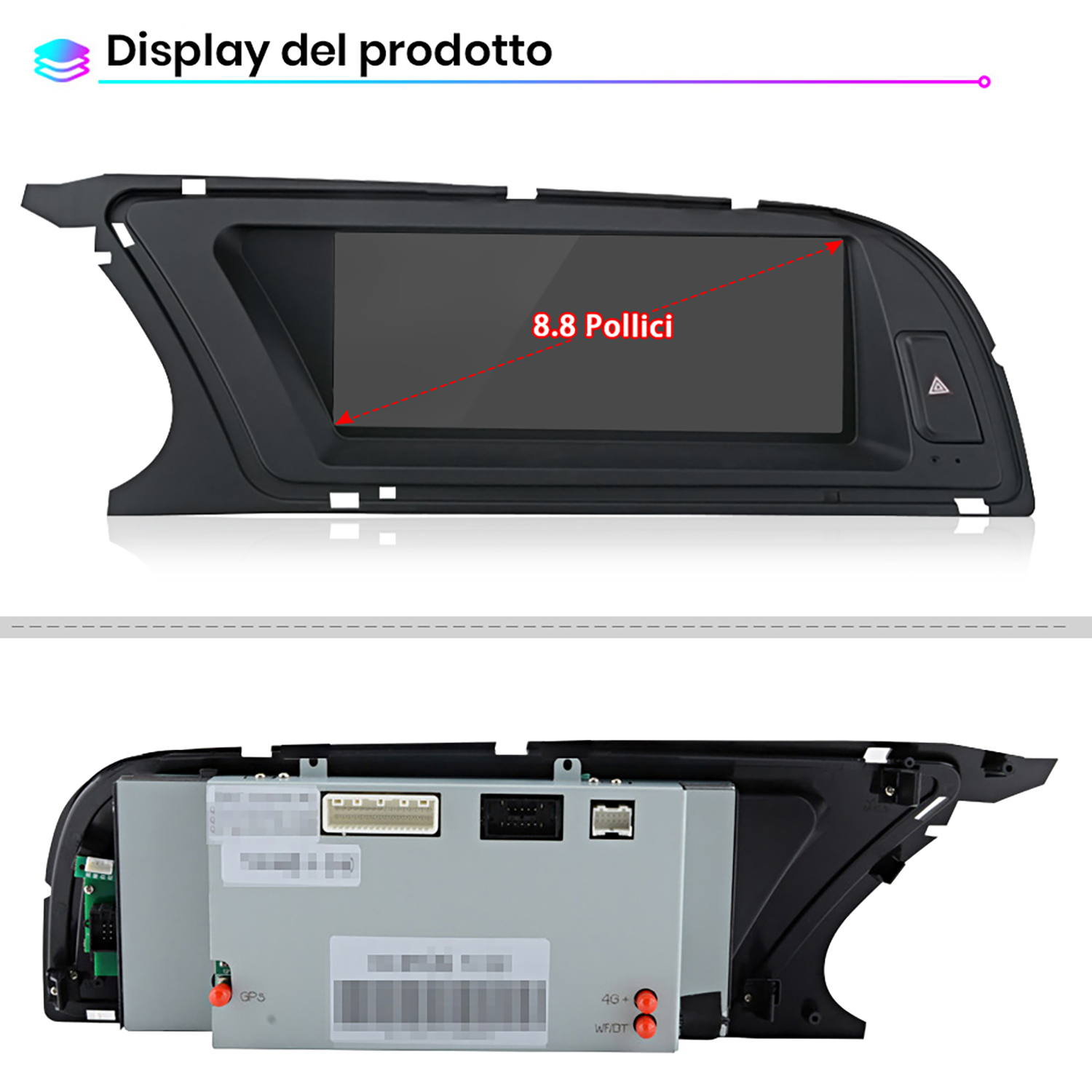 Un display per auto da 8,8 pollici, vista frontale e posteriore, con connettori.