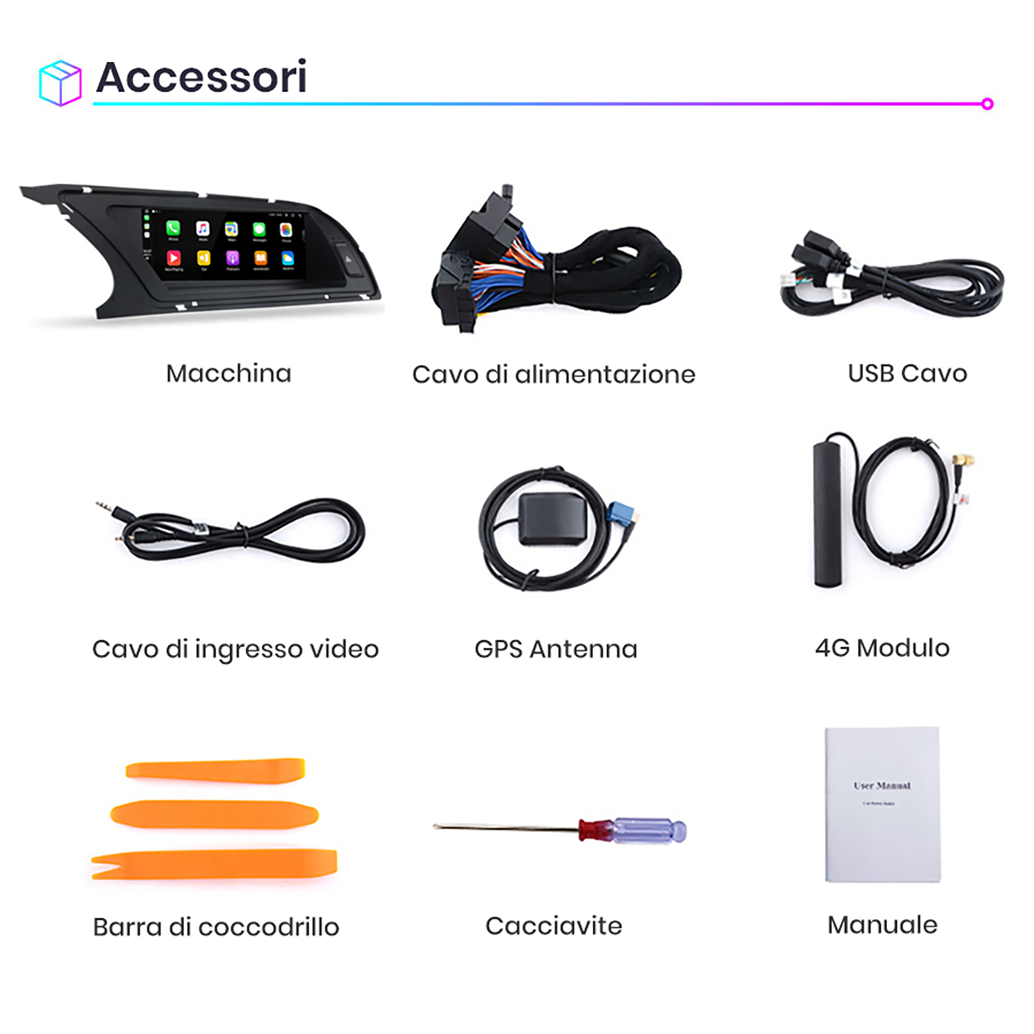 Immagine di accessori per auto: schermo, cavi, antenna, attrezzi e manuale.