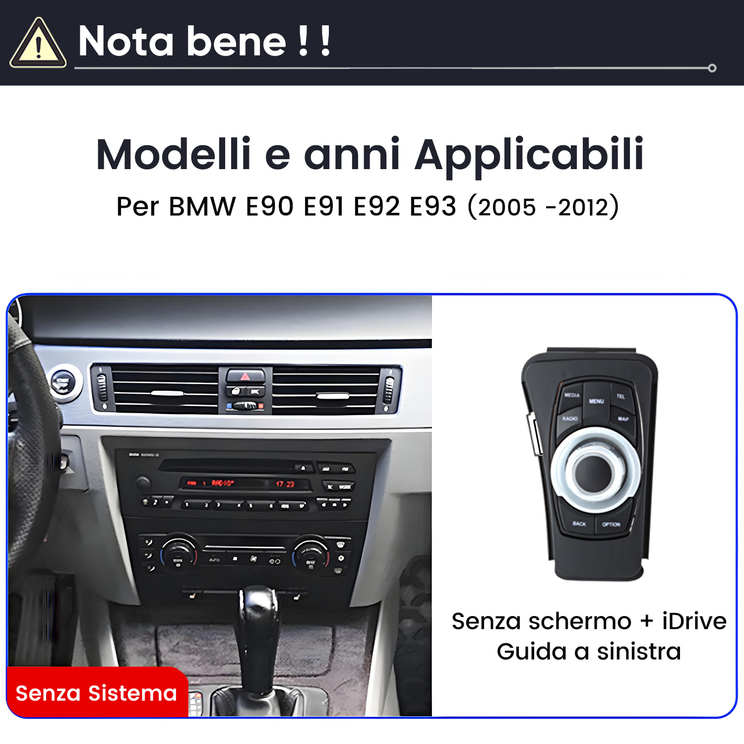 Interno auto BMW E90-E93 con controller iDrive. Senza schermo.