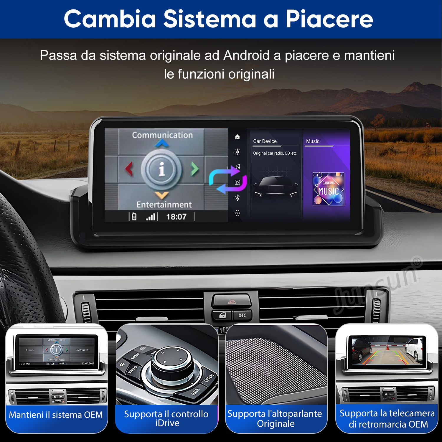 Un sistema di infotainment per auto che mostra opzioni di navigazione, comunicazione e musica.