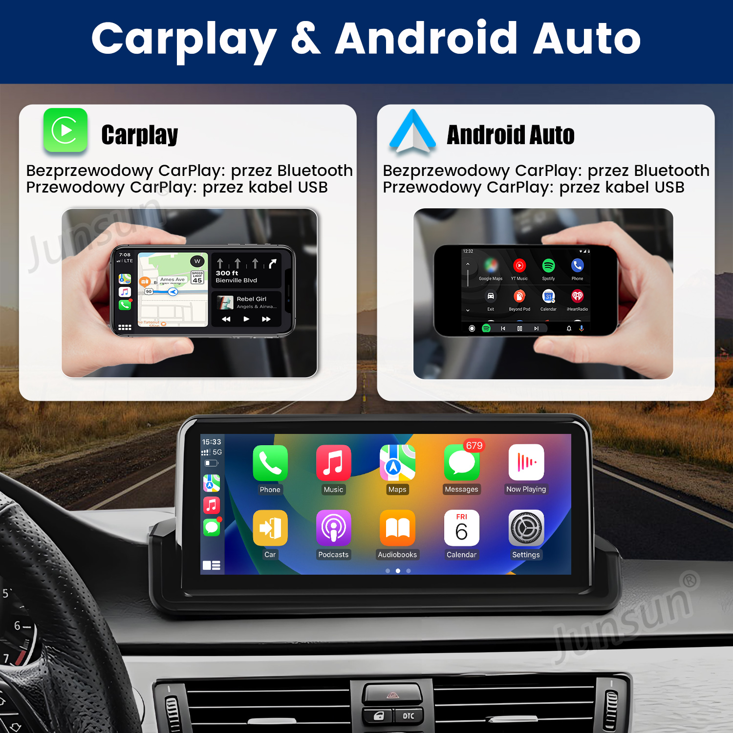 L'immagine mostra tre interfacce di infotainment per auto: CarPlay, Android Auto e un menu principale.