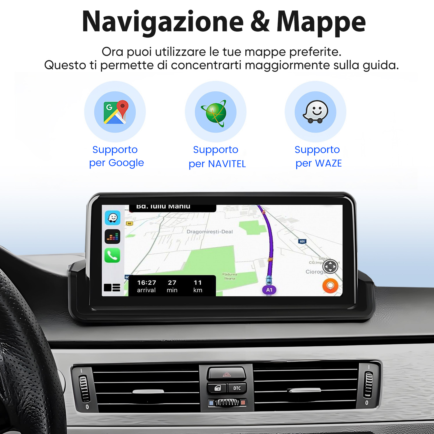 Schermo di navigazione auto mostra app mappe per Google, Navitel e Waze.
