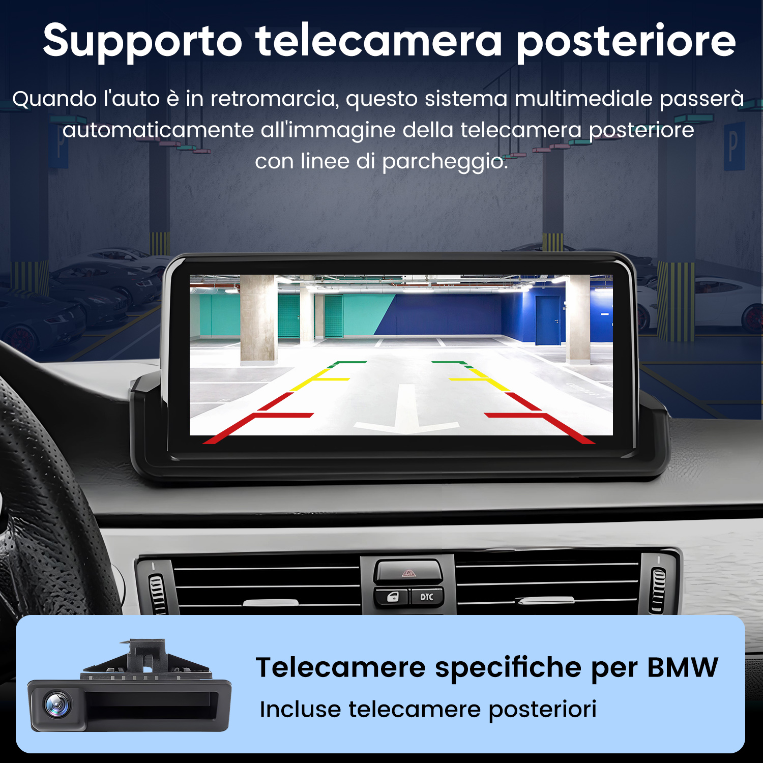 Supporto telecamera posteriore: Mostra la telecamera posteriore con linee.