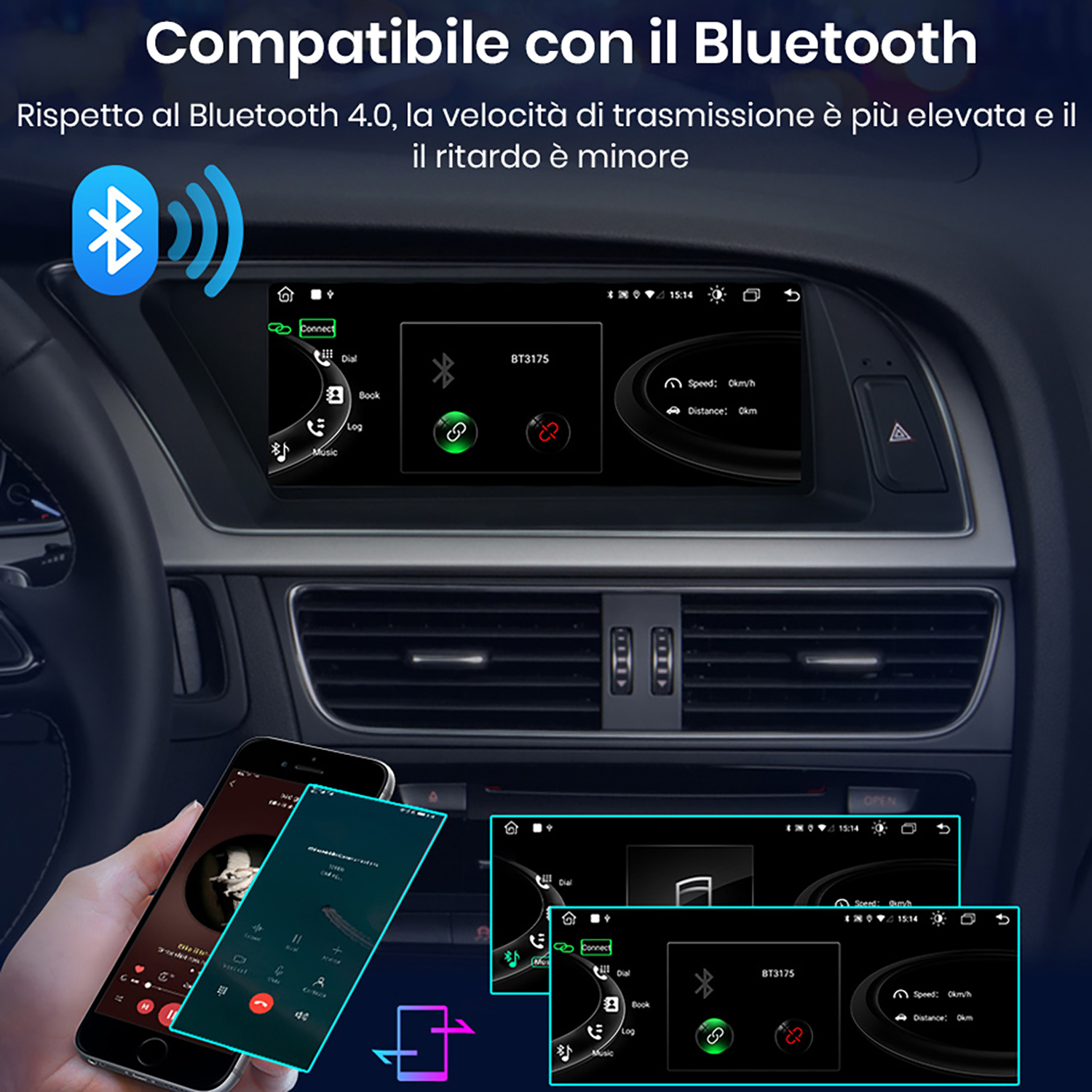 Uno smartphone si collega al sistema di infotainment di un'auto.