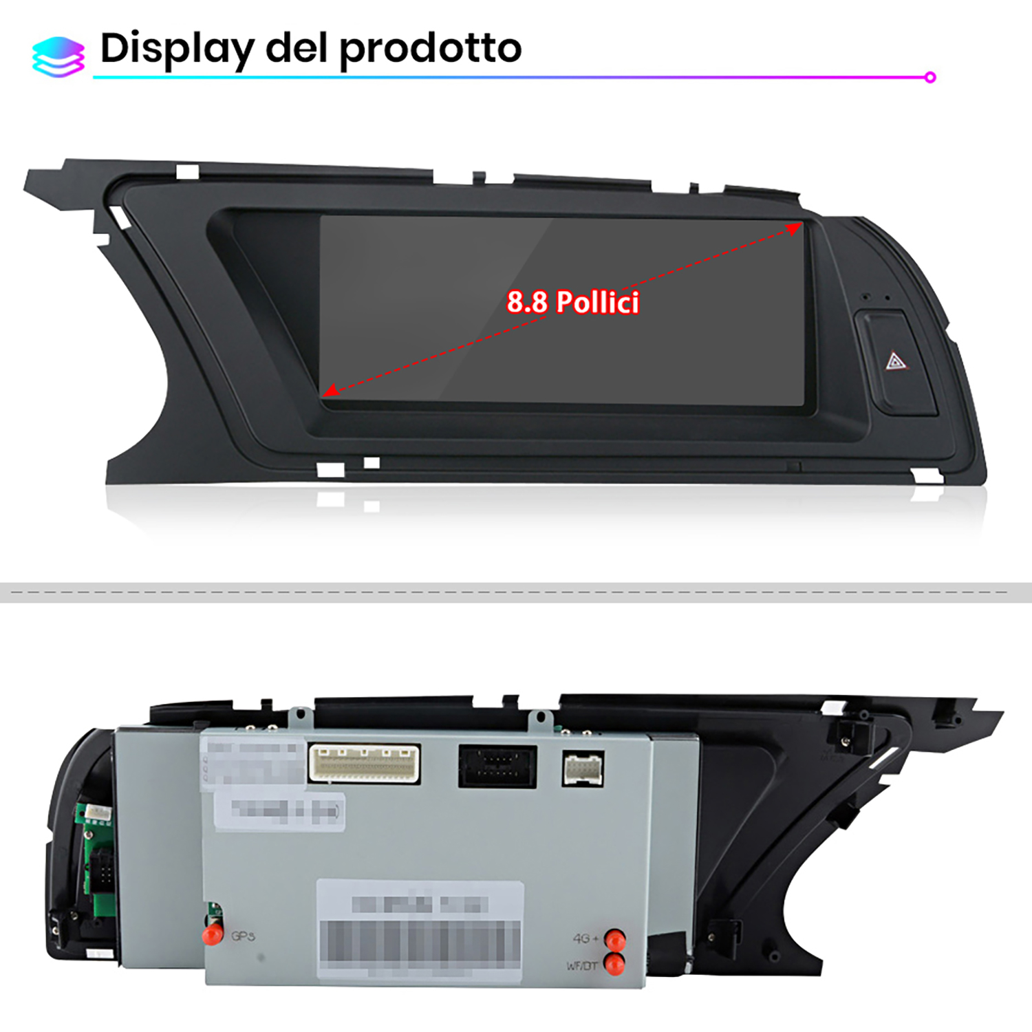 Sistema di infotainment per auto con display da 8,8 pollici.