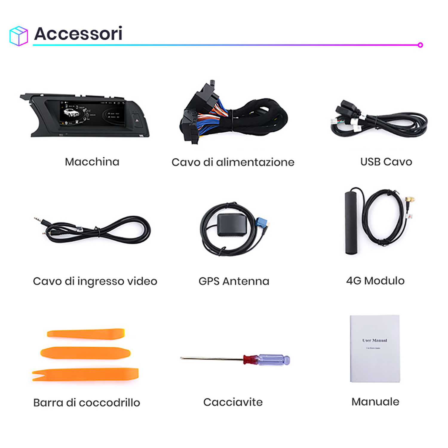 L'immagine mostra accessori auto: display, cavi, antenna, attrezzi e manuale.