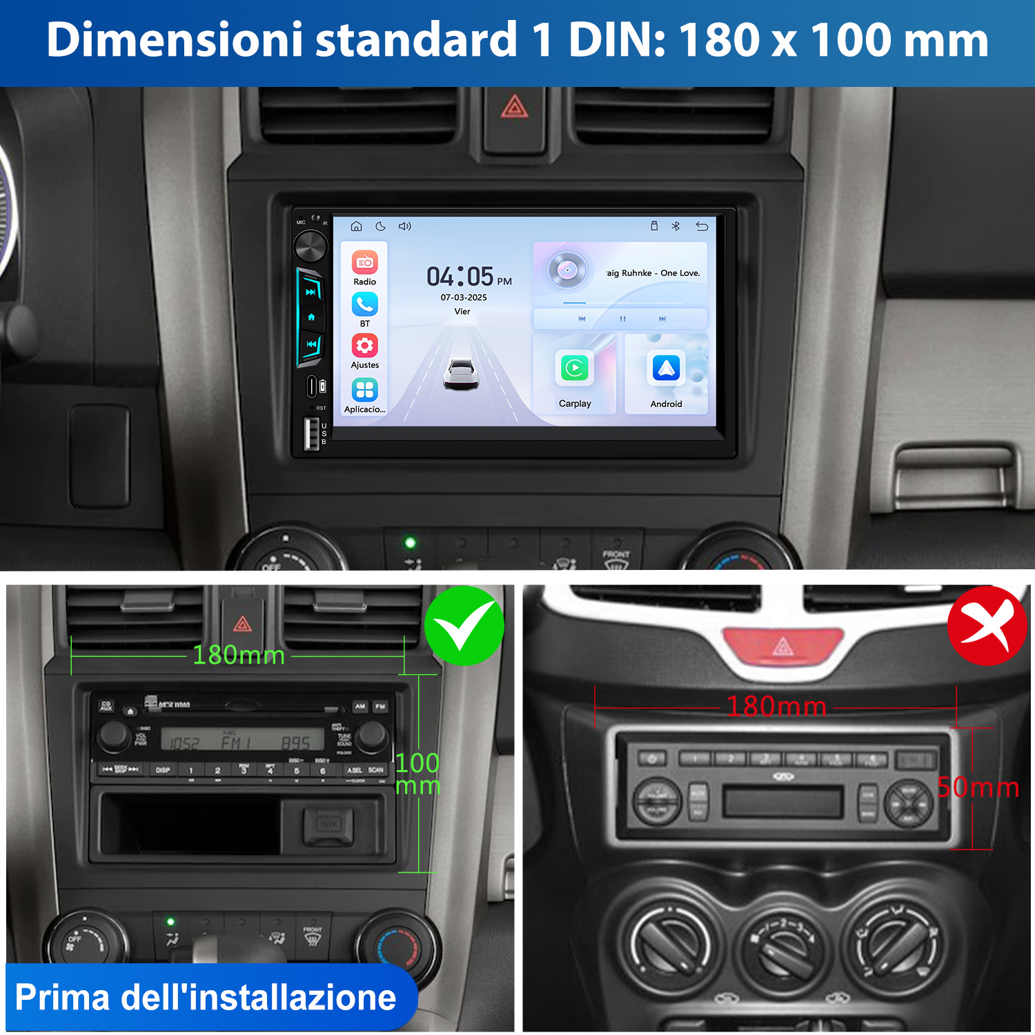 Installazione autoradio: Confronto prima/dopo con dimensioni 180x100mm.