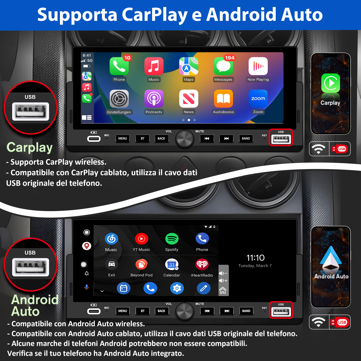 Schermi con interfacce CarPlay e Android Auto, porte USB e testo.
