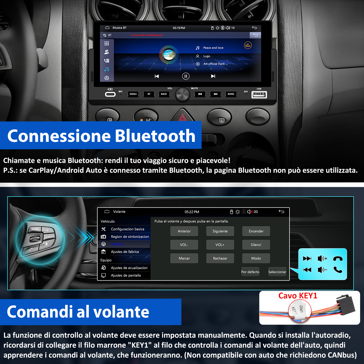 Schermo autoradio mostra connessione Bluetooth e vista comandi al volante.