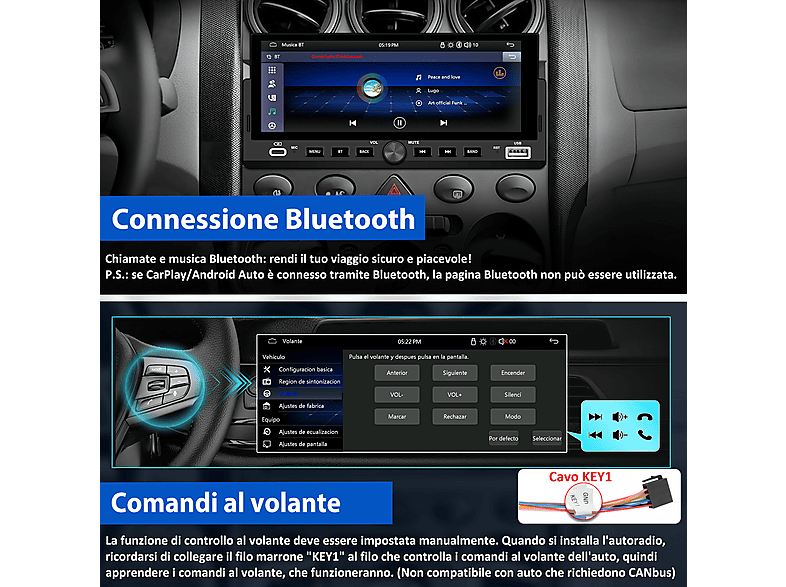 Autoradio 1 DIN Bluetooth Con 6,9” Touchscreen – Compatibile Wireless CarPlay & Android Auto, Radio FM/AM, Vivavoce, Ricarica Rapida USB-C, Telecamera Posteriore Inclusa