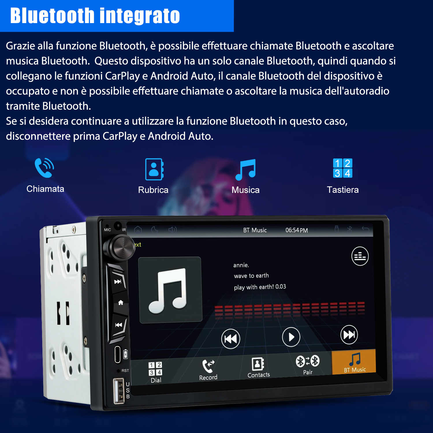 Un touchscreen dell'autoradio mostra 'BT Music' e il titolo di una canzone.