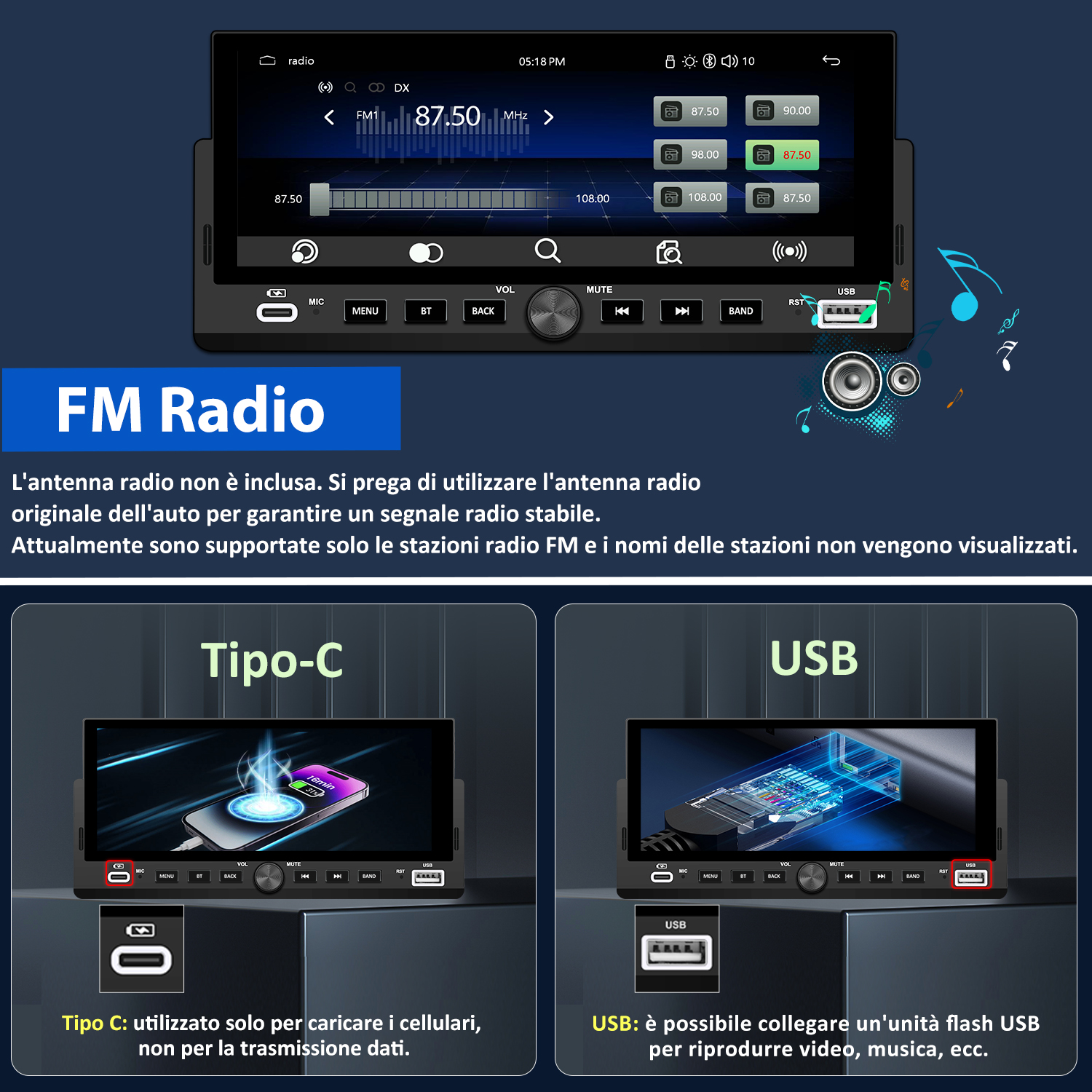 Display autoradio mostra radio FM, porte Tipo-C e USB. Telefono in carica.