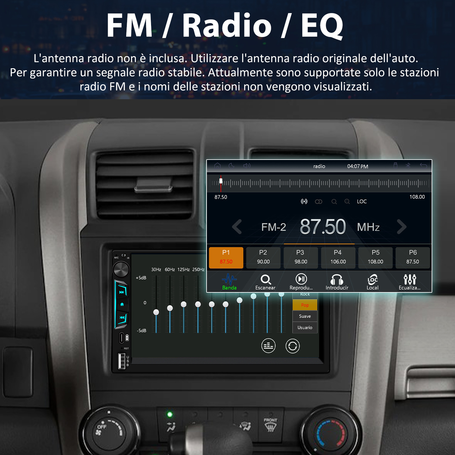 Il display dell'autoradio mostra il menu radio FM con equalizzatore e lista stazioni.