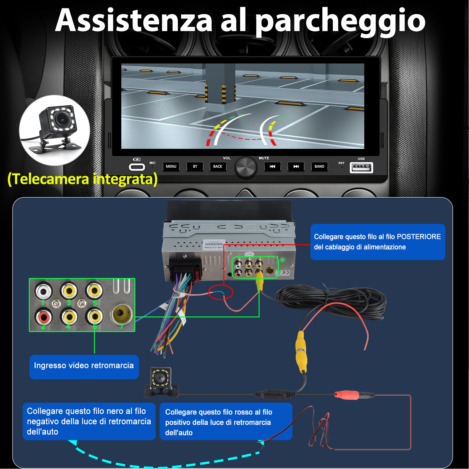 Assistenza parcheggio: retrocamera, autoradio e schema cablaggio.