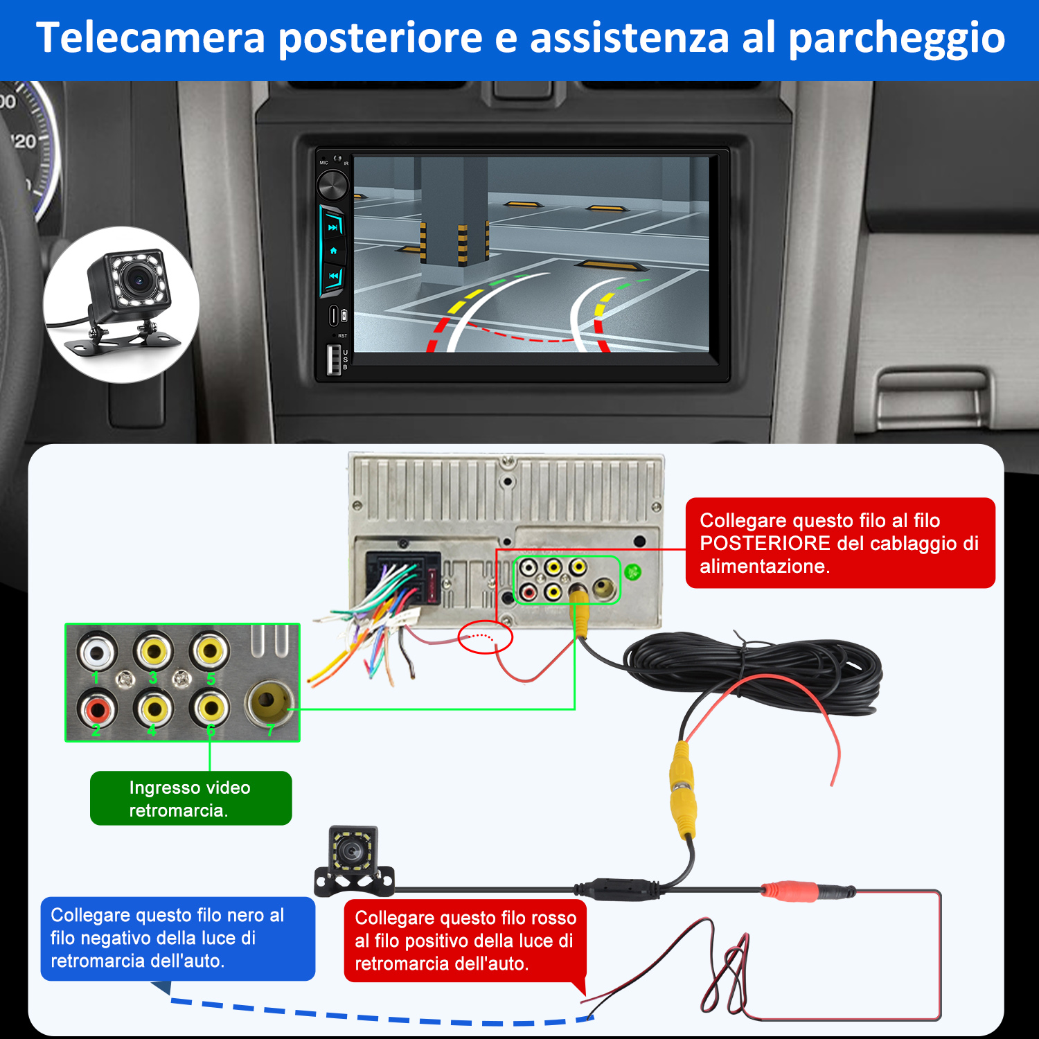 Sistema telecamera retromarcia auto con cavi e connettori.