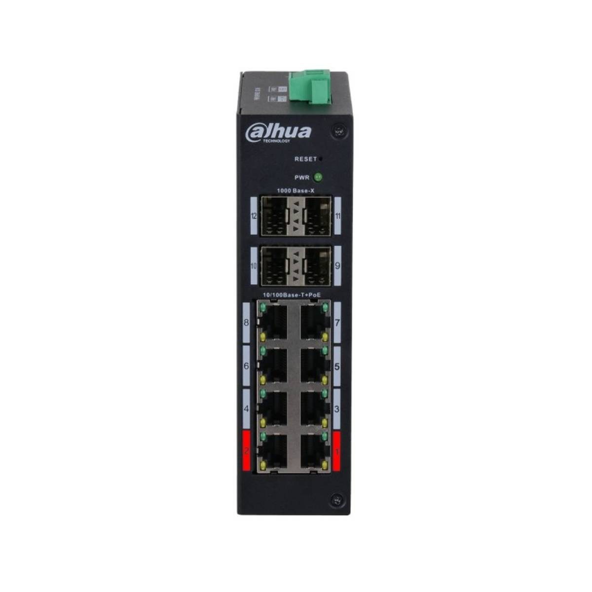 Un switch de red negro con 12 puertos y el logo de Dahua.
