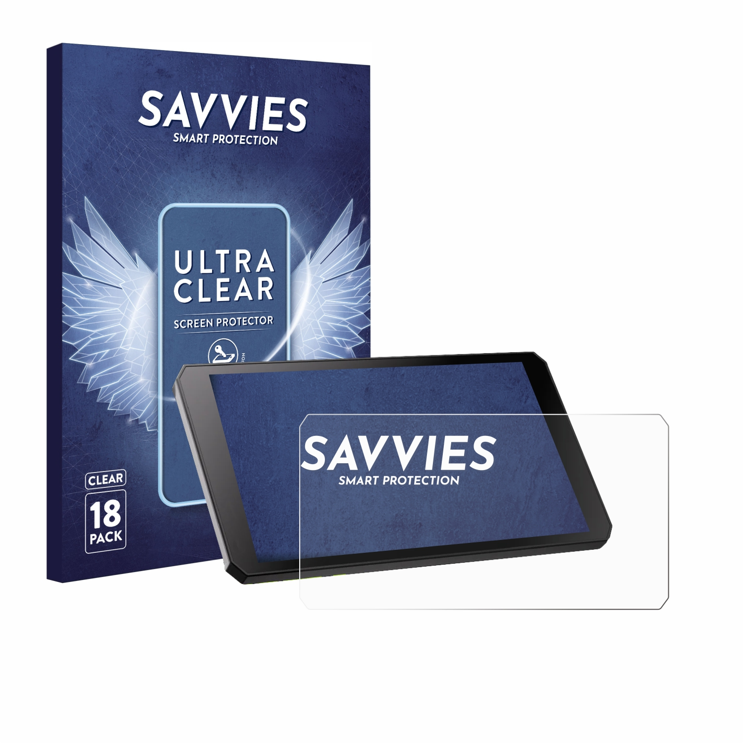 Savvies Verpackung und ein Handy mit einem Displayschutz.