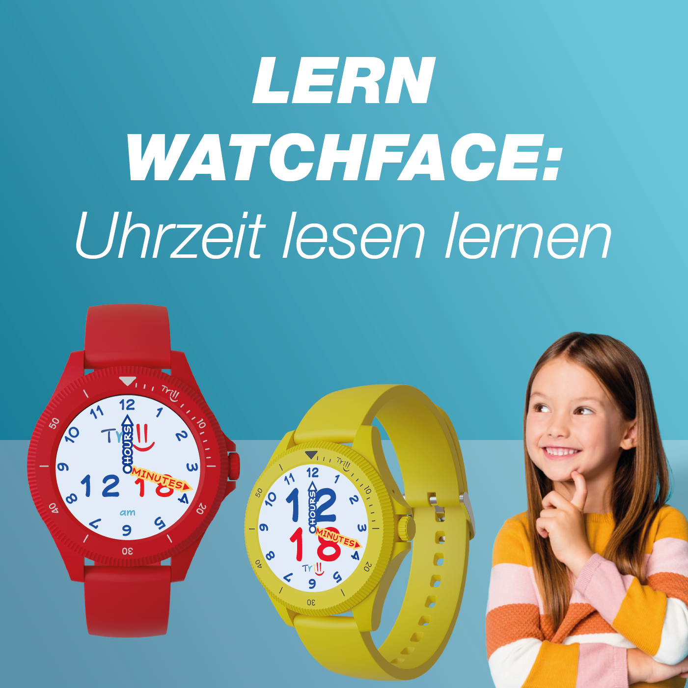 Un cadran de montre éducatif rouge et jaune avec une fille regardant vers le haut.