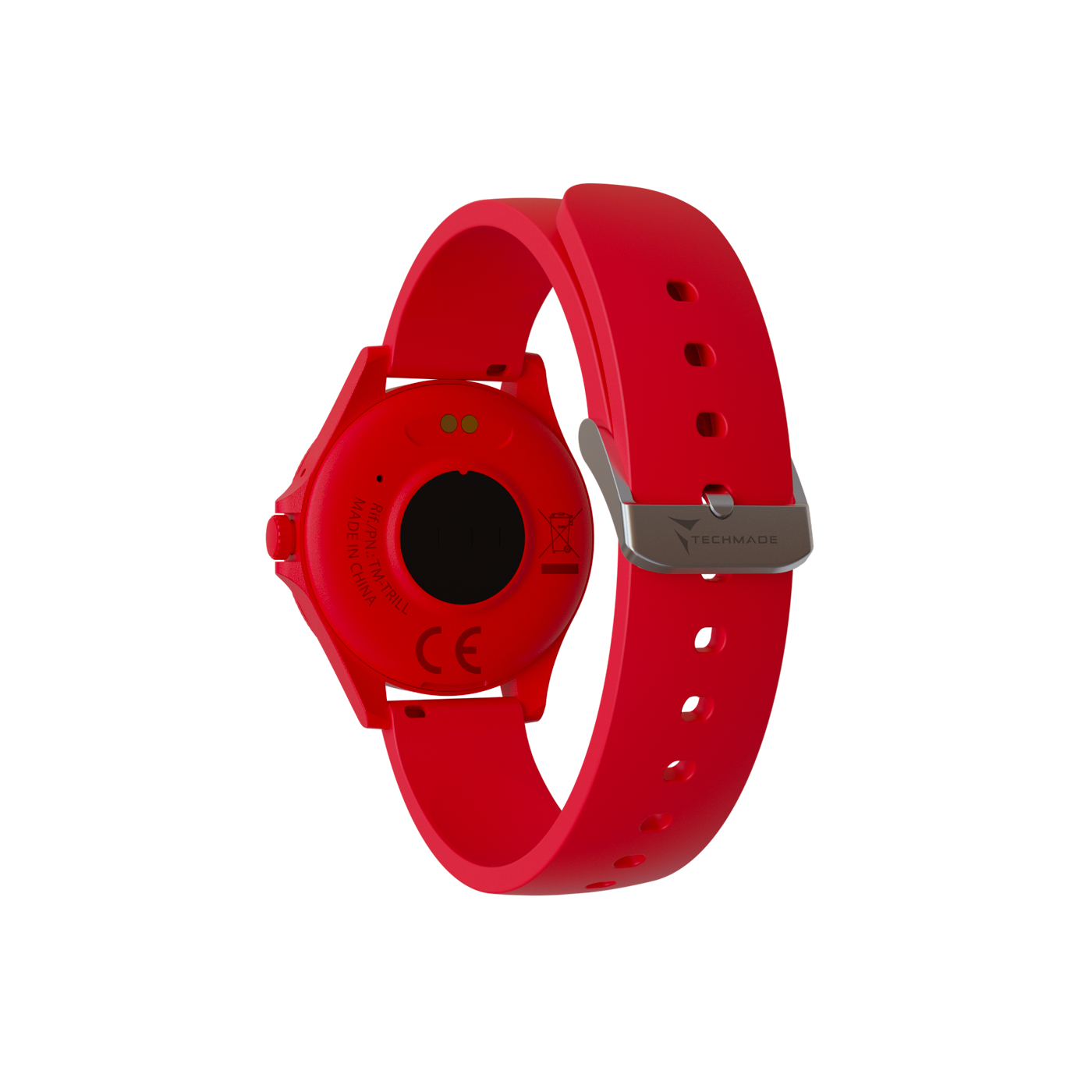 Montre connectée rouge avec boucle en métal et logo Techmade.