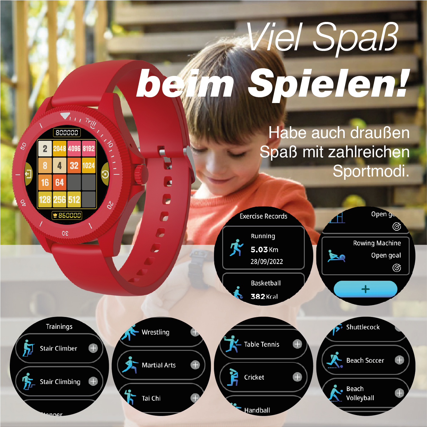 Montre connectée rouge affichant un jeu, enfant en arrière-plan, menus sport.