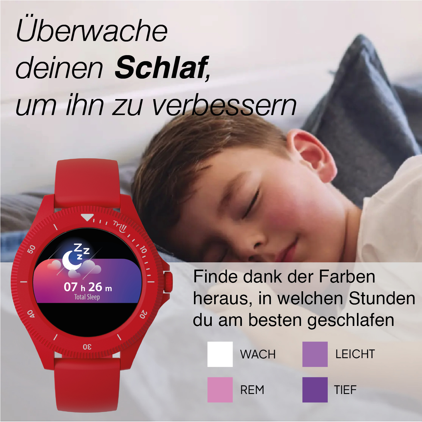 Montre rouge affiche 7h 26m de sommeil. Enfant dort près d'un oreiller.
