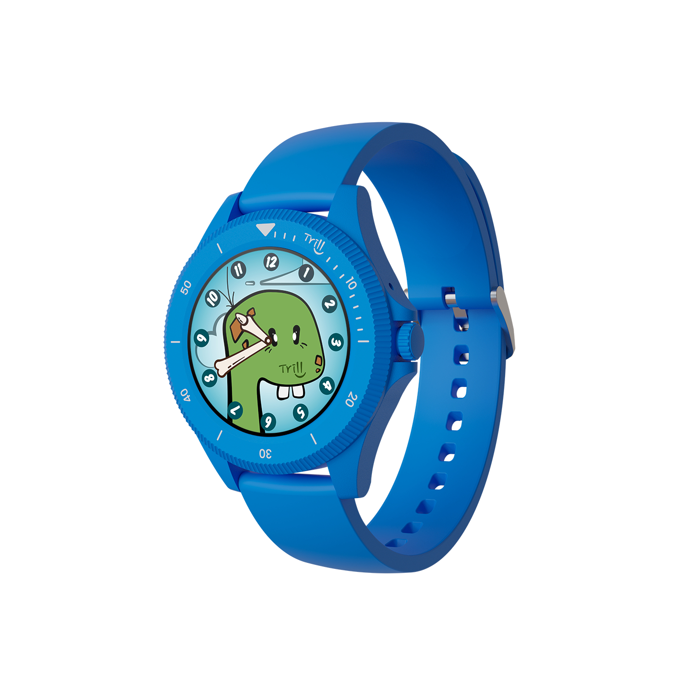 Eine blaue Digitaluhr mit einem Cartoon-Dinosaurier auf dem Zifferblatt.