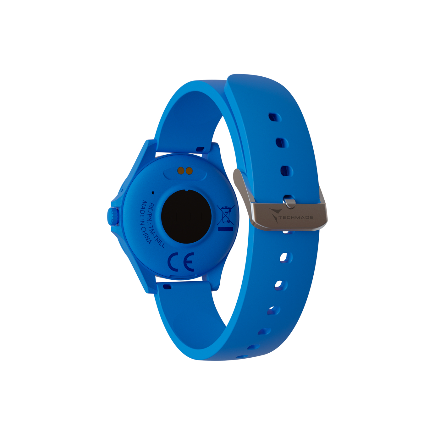 Ein blauer Smartwatch mit einem Techmade-Logo auf der Schnalle.
