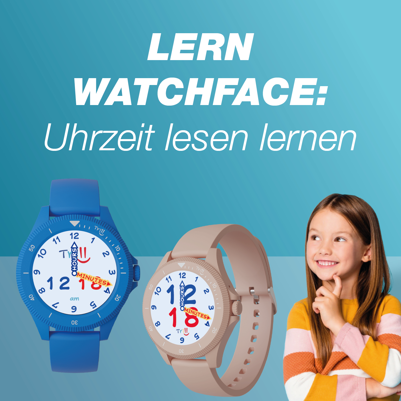 Deux montres d'apprentissage, une bleue et une beige, avec une fille qui les regarde.