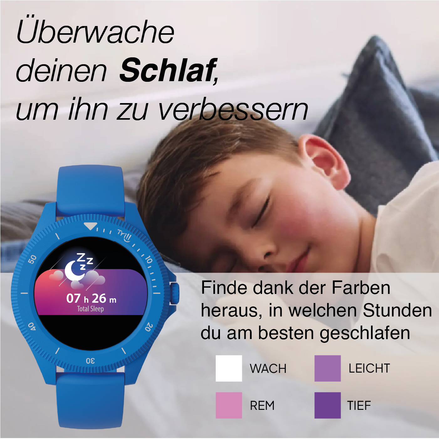 Ein blaues Smartwatch zeigt Schlafdaten an, neben einem schlafenden Jungen.