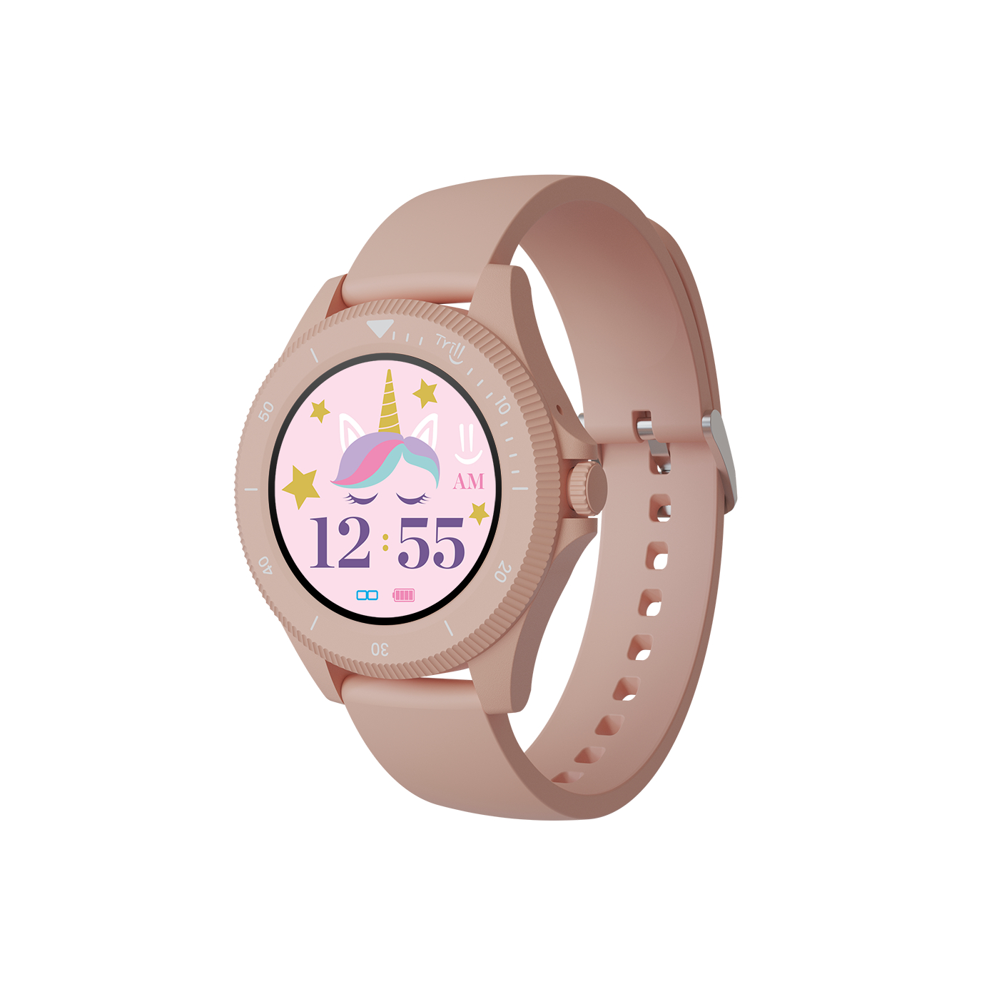 Une montre connectée rose avec un cadran licorne affichant 12:55.