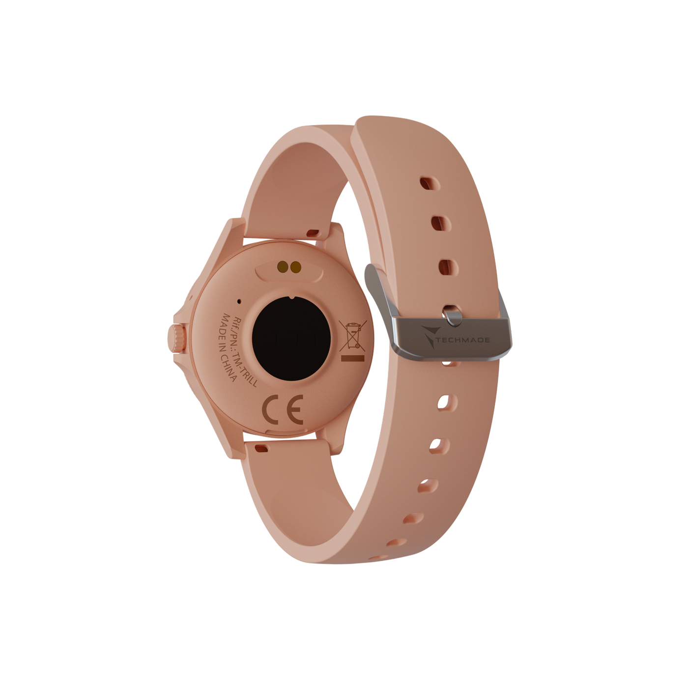 Une montre connectée rose avec boucle argentée et logo Techmade.