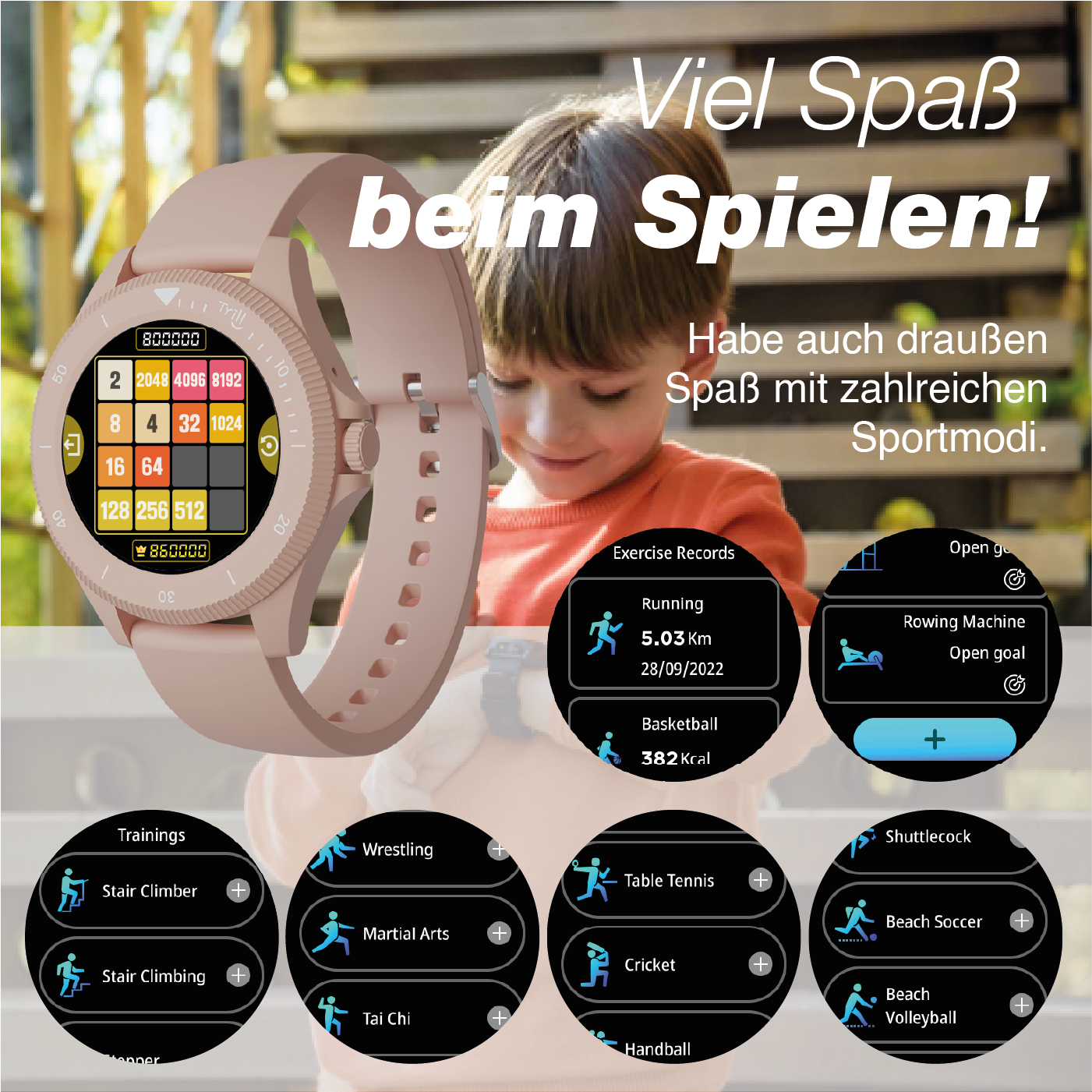Un écran de montre connectée rose affiche un jeu, des modes sportifs et des options d'entraînement. Un enfant en arrière-plan.