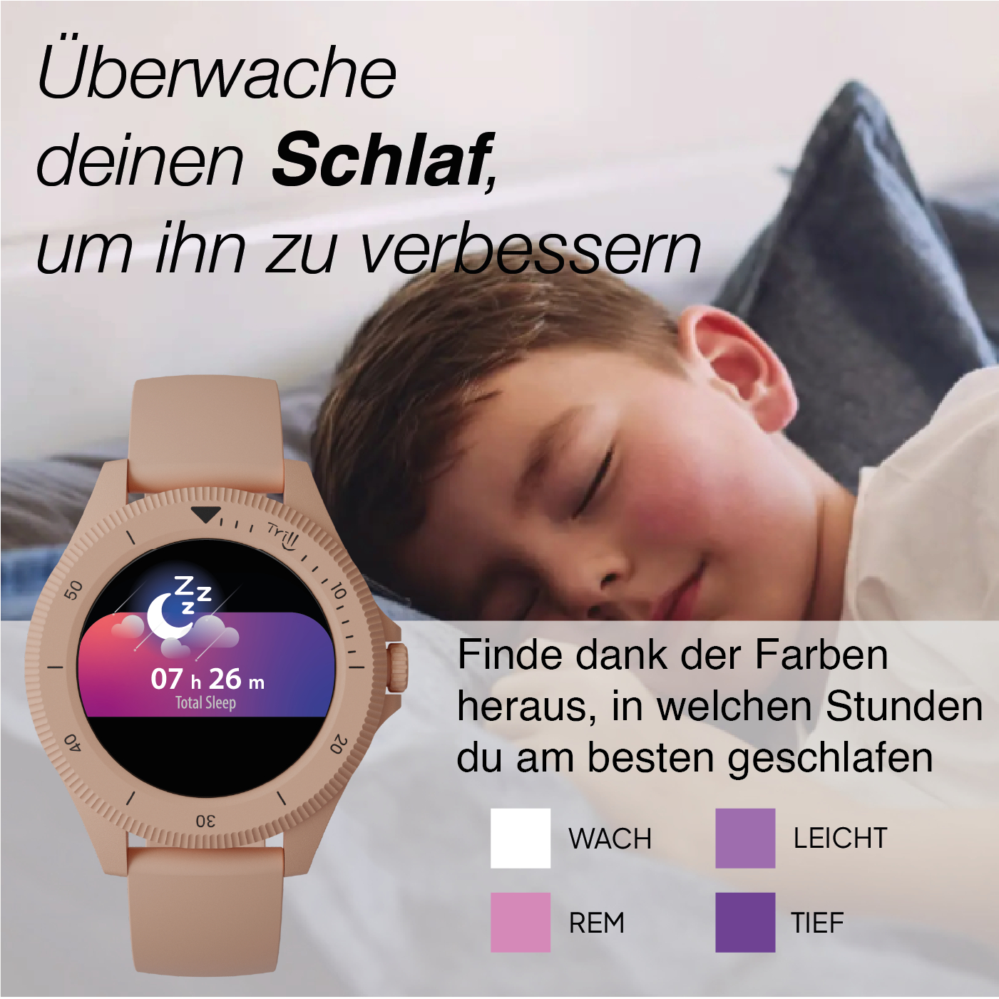 Montre connectée suivi sommeil près d'un enfant endormi. Affiche 7h 26m.