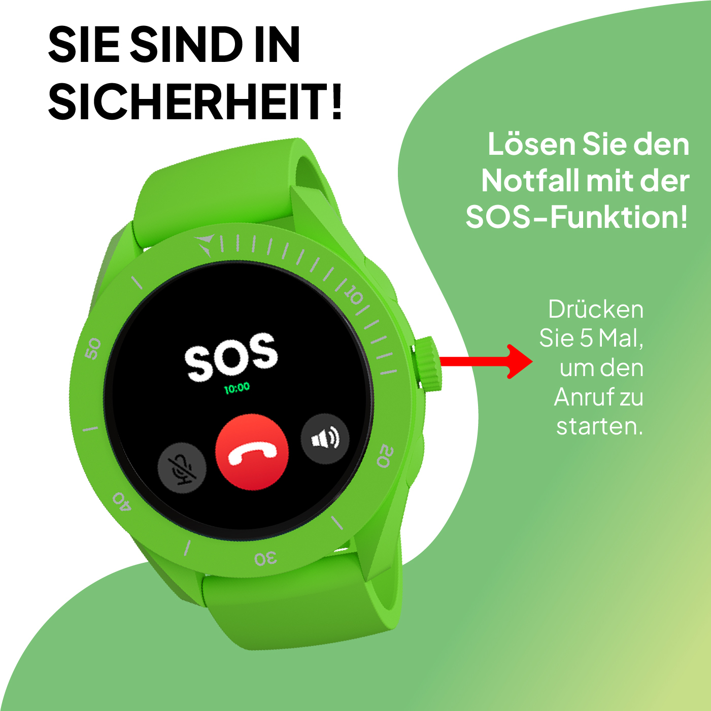 Montre connectée verte avec fonction SOS affichée. Flèche rouge pointe bouton.