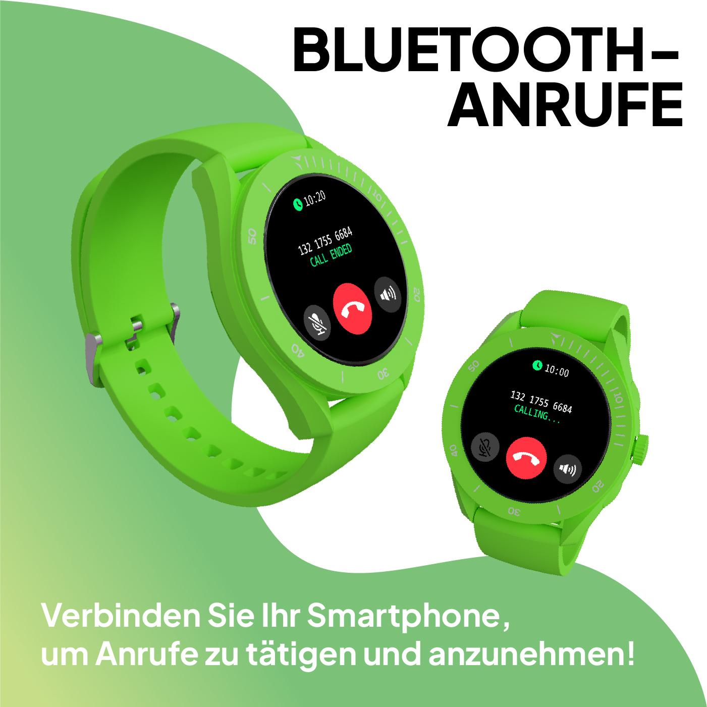 Deux montres connectées vertes affichent les informations d'appel. Texte : APPELS BLUETOOTH.
