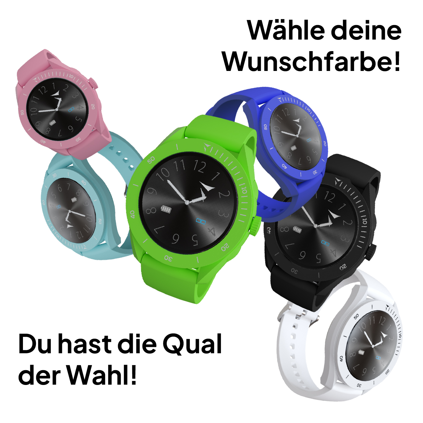 Plusieurs montres connectées colorées de différentes couleurs.