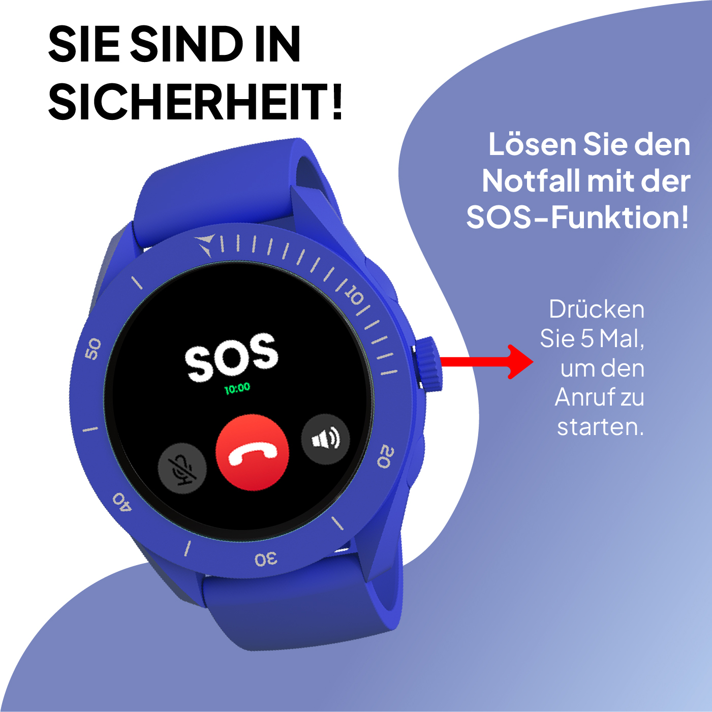 Montre connectée bleue avec fonction SOS. Affiche SOS et un récepteur rouge.