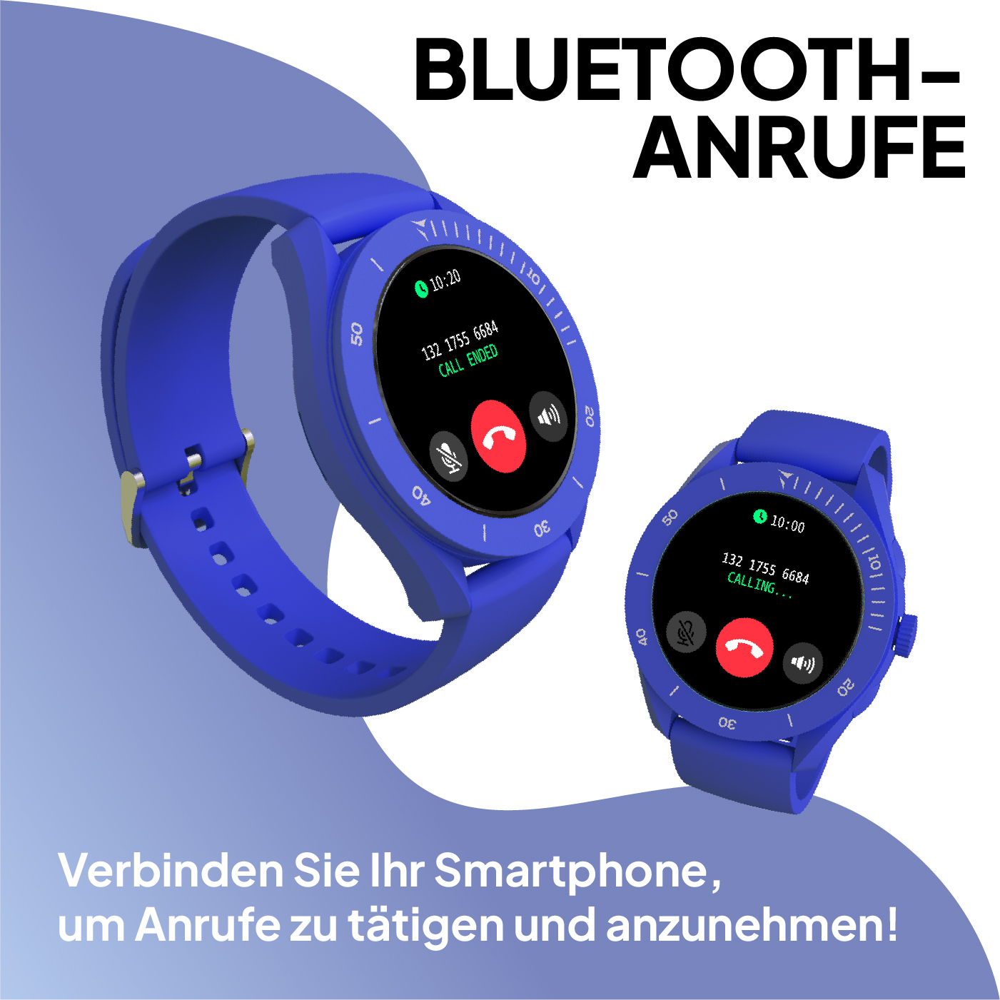 Deux montres connectées bleues affichent des informations d'appel sur leurs écrans.