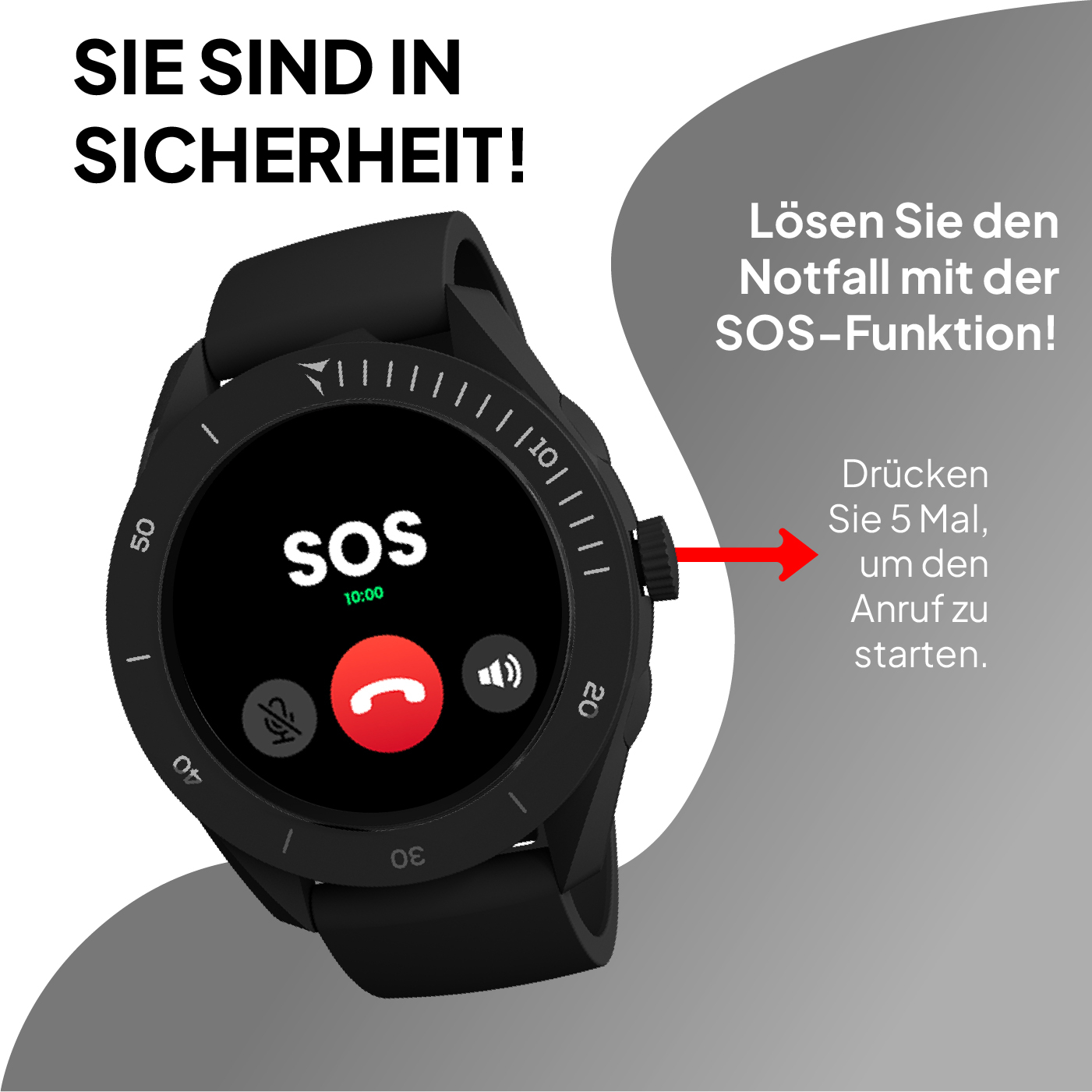 Montre connectée noire avec affichage SOS et flèche rouge invitant à appuyer.