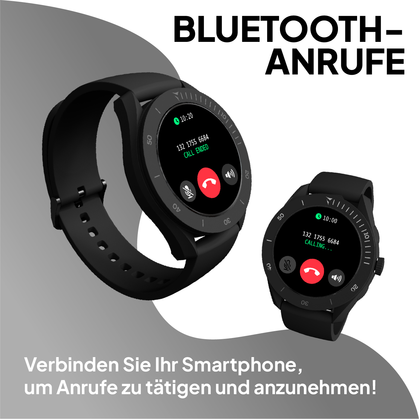 Deux montres connectées noires affichant appels et texte.