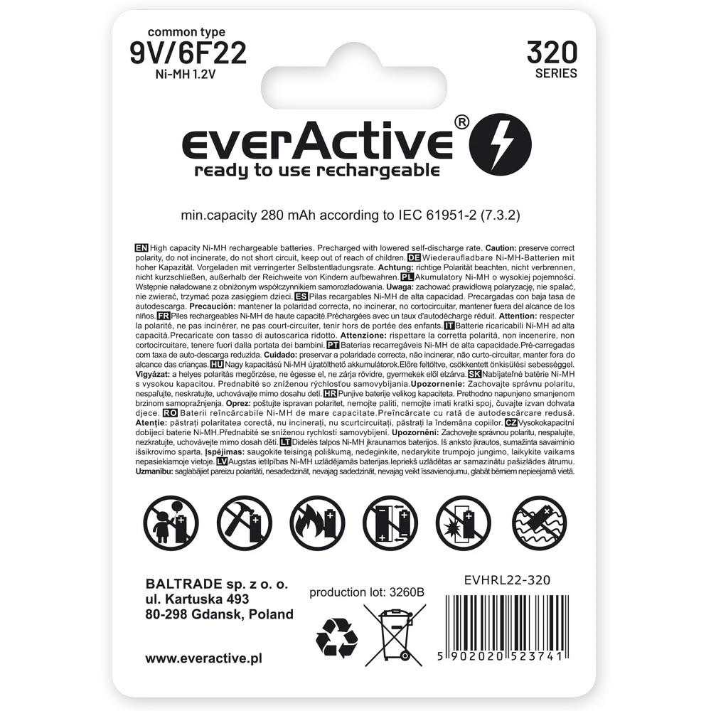Bateria EverActive 9V 6F22 Ni-MH, 280 mAh. Tekst w wielu językach.